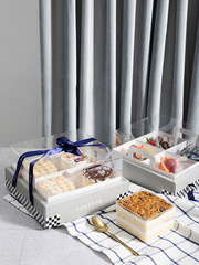 A set of four transparent dessert boxes, French afternoon tea packaging boxes, ideal for mousses and pastries, customizable with logo.