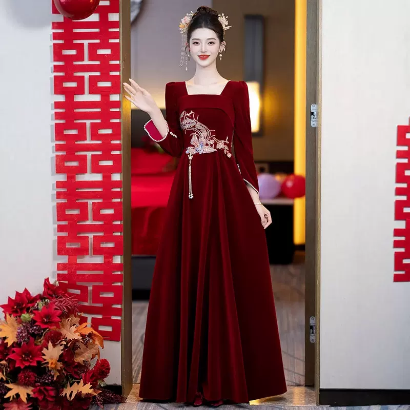 敬酒服新娘2026款订婚礼服红色长款结婚回门礼服长袖新中式连衣裙