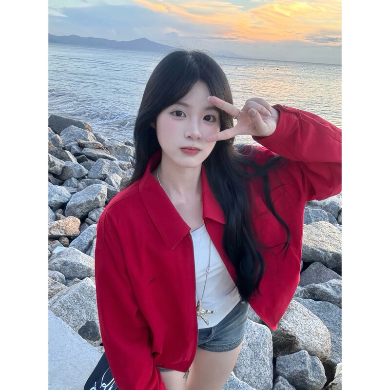 Red Harrington Jacket for Women, Spring and Autumn New Short Style, Petite Fashion Trendy Casual Top