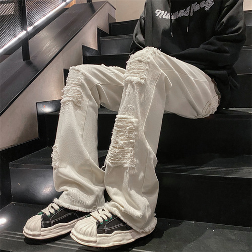 American and European streetwear distressed hole denim jeans for men, spring and autumn, Instagram trendy brand, high street straight-leg pants, loose and versatile, cool and stylish long pants