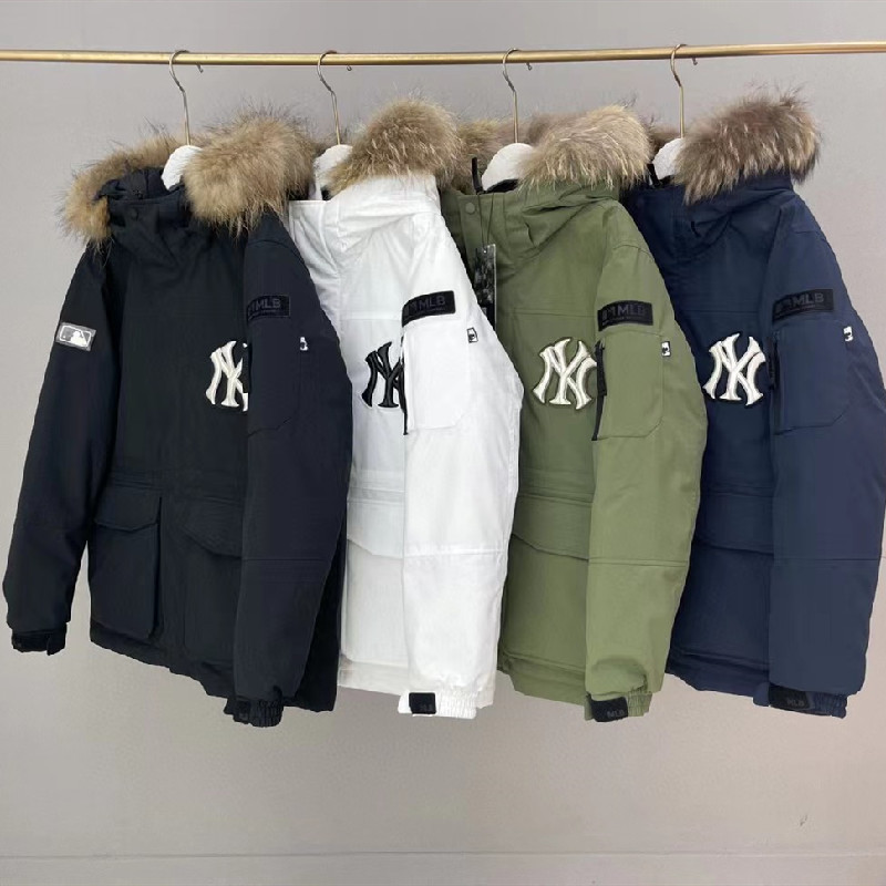 Putian Pure Original Mlb Workwear down Jacket Ny Yankees Large Fur Collar Mid-Length Men's and Women's Parka Jacket Wholesale