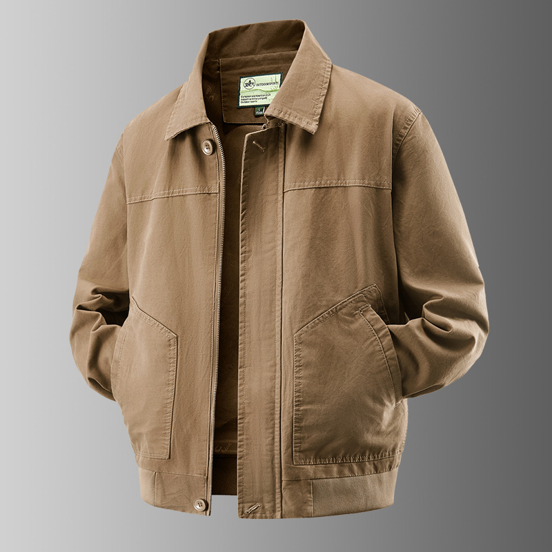 春秋季男装美式复古水洗纯棉夹克翻领中年工装大码宽松外套爸爸装