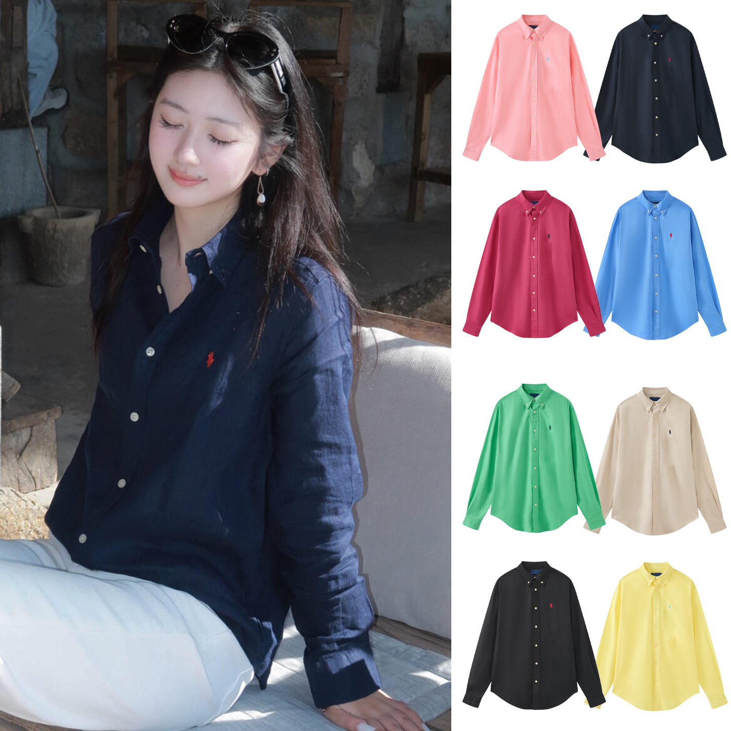 Scannable QR code / High-quality Ralph RL linen shirt with small pony logo, comfortable, breathable, skin-friendly, versatile lapel cardigan