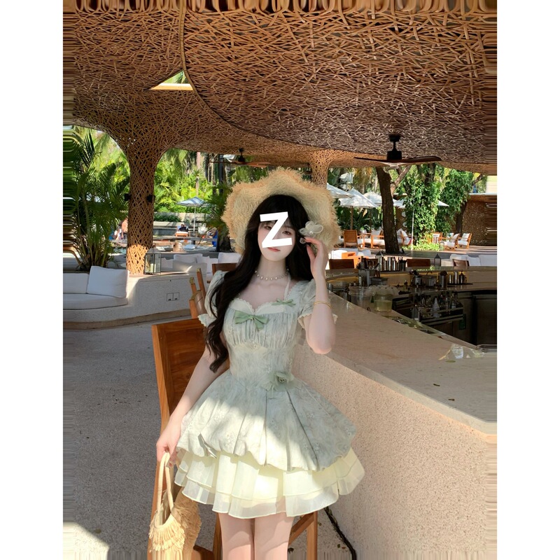 Blovelan Lime Ice Coconut Fresh Lace Puff Sleeve Jacquard Waist-Cinching Princess Puffy Dress for Girls Blovelan Lime Ice Coconut Fresh Lace Puff Sleeve Jacquard Waist-Cinching Princess Puffy Dress for Girls