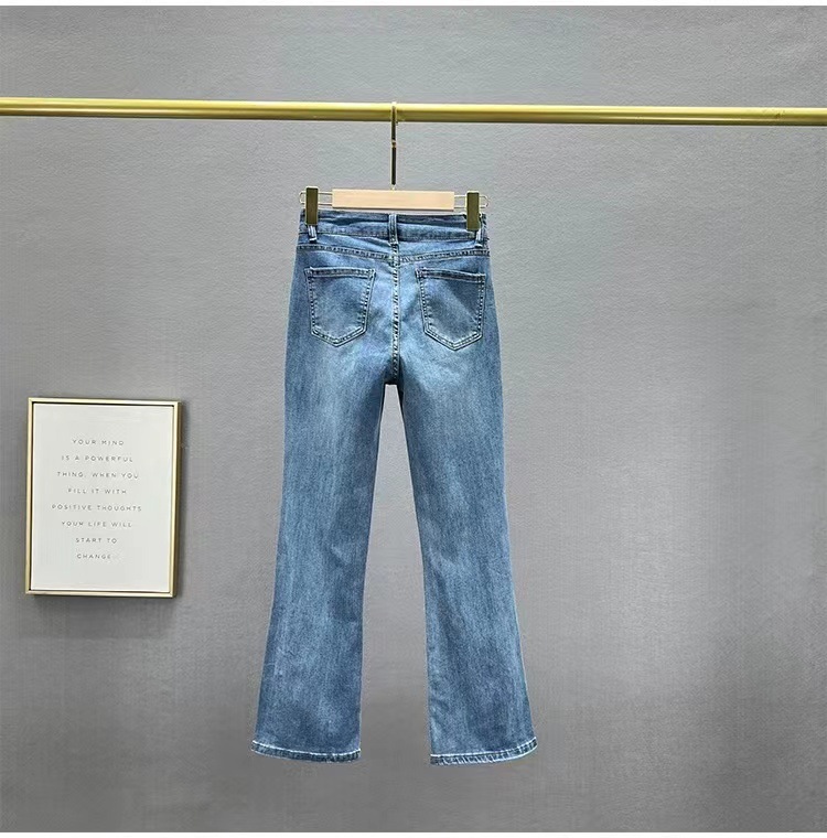 High-waisted Rhinestone Flared Jeans With Side Slits Denim Trousers_voghion.com