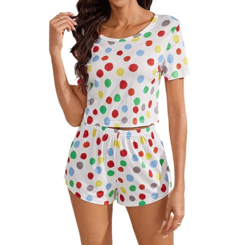 Nuevo pijama de lunares de manga corta de color transfronterizo Traje de servicio a domicilio informal de verano Pantalones cortos de mujer Moda de Amazon