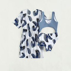 2024新款三件套兒童泳衣女亞馬遜新款樹葉印花女童分體中大童泳衣