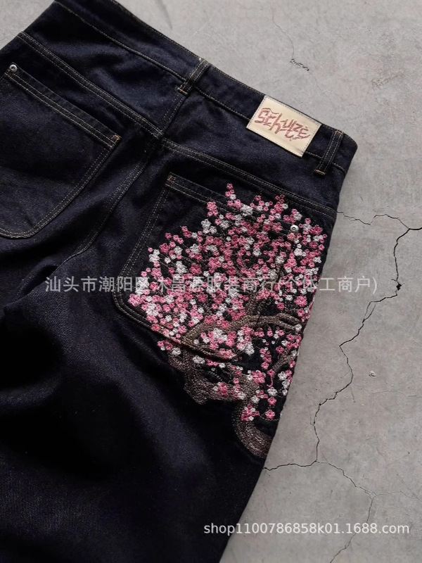 跨境外贸美式复古刺绣个性街头潮流阔腿休闲百搭牛仔裤嘻哈长裤|undefined