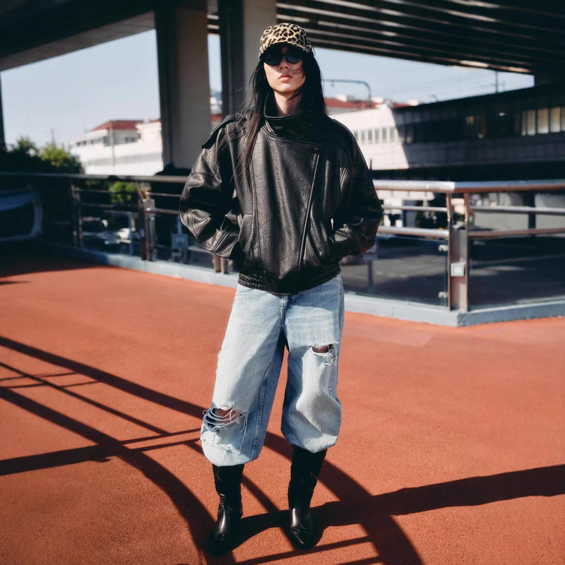 ZA Cross-Border Foreign Trade AliExpress 2026 Spring Hot-Selling European and American Trendy Elegant Motorcycle Leather Lychee Pattern Jacket ZA Cross-Border Foreign Trade AliExpress 2026 Spring Hot-Selling European and American Trendy Elegant Motorcycle Leather Lychee Pattern Jacket
