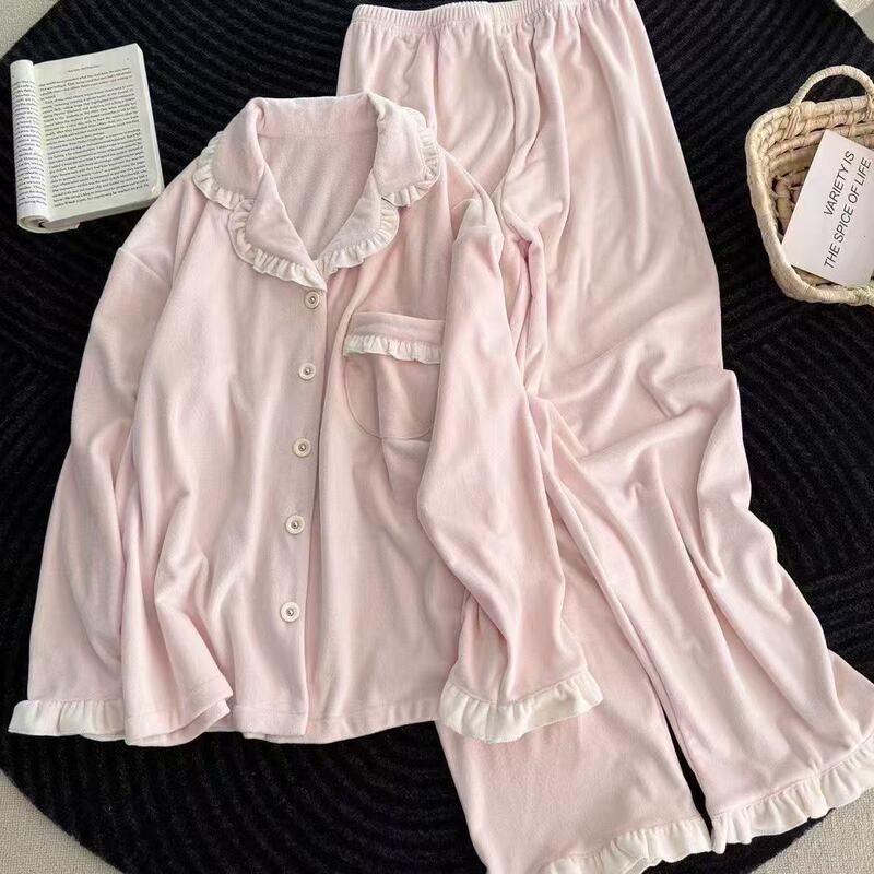 Extra Large Size Pink Sweet Pajamas for Women, Autumn and Winter Korean Style New Cardigan Lapel Warm Home Wear Set
