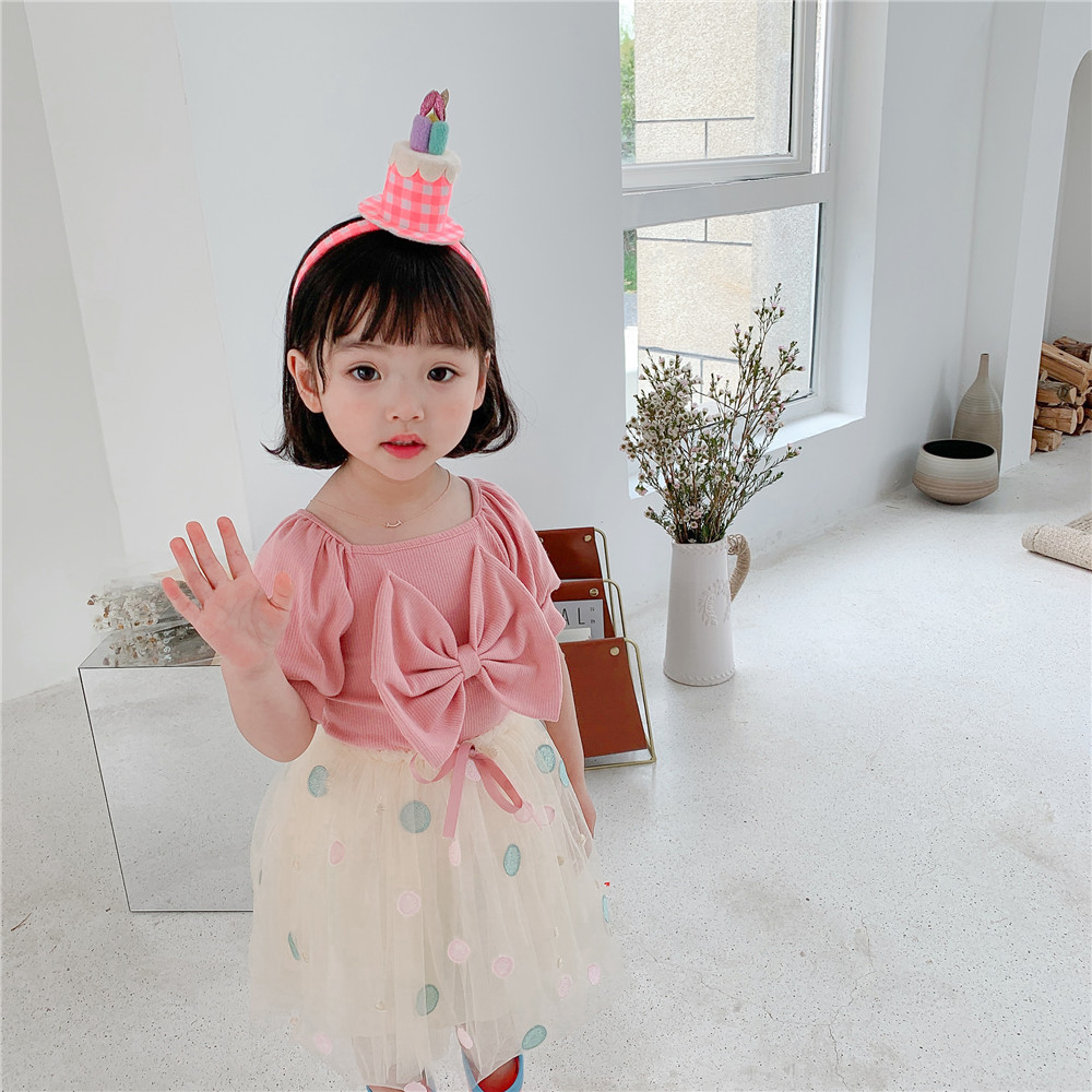 the republic of korea Children's clothing wholesale 2021 A summer girl bow square neck T-shirt Female baby lovely jacket