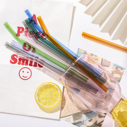 Manufacturer's new creative Japanese glass straw juice milk drink milk tea colored glass straight tube bent pipe straw