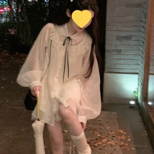 《英式早茶》白色仙仙清爽微透夏季長袖襯衫+蕾絲蓬蓬短裙套裝女
