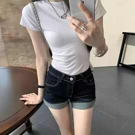 a字裤弹力水洗翻边牛仔短裤女2025夏季辣妹高腰显瘦紧身包臀热裤