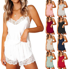 欧美跨境女装2021新款亚马逊性感蕾丝拼接吊带短裤居家睡衣两件套