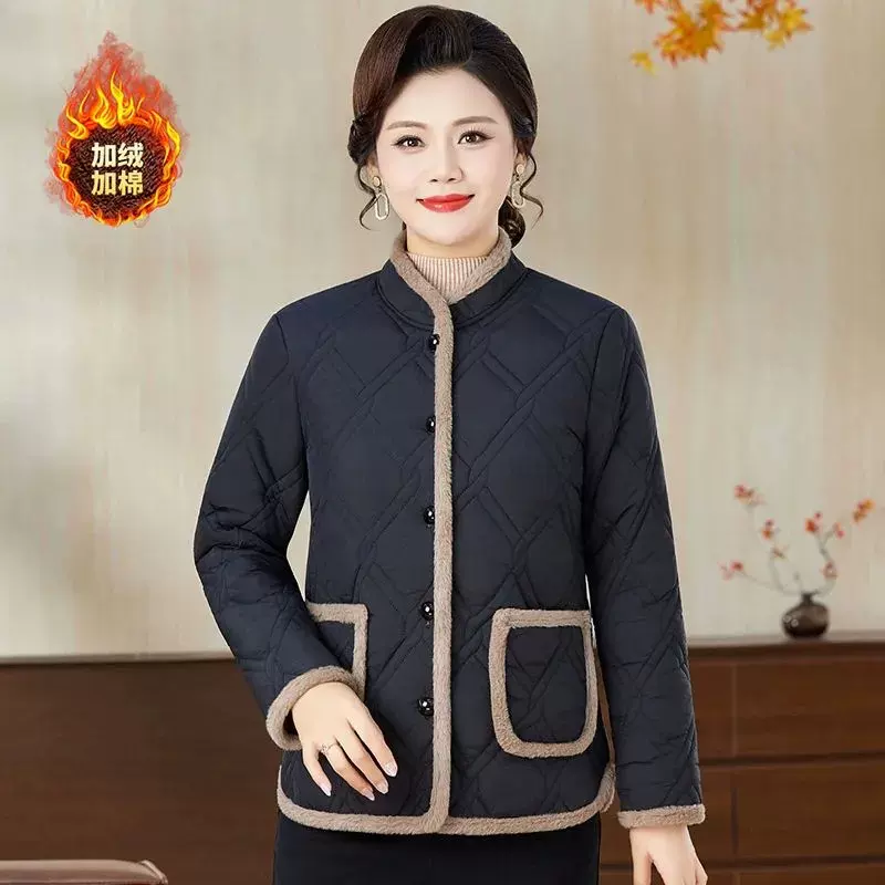 妈妈冬季加绒棉衣纯色外套新款中老年秋冬加厚洋气棉袄保暖棉服女