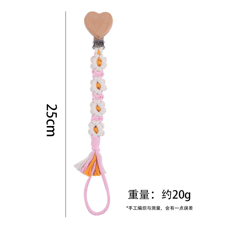Productos para bebés, clips de chupete de haya de amor de dibujos animados, cadena de chupete de cuerda de algodón de margarita tejida a mano creativa