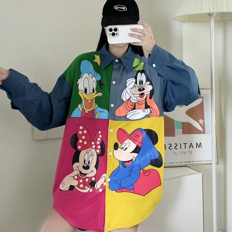 2023 autumn new heavy industry gradient color cartoon print mid-length thin Denim shirt Women's European and American cross-border fashion brand