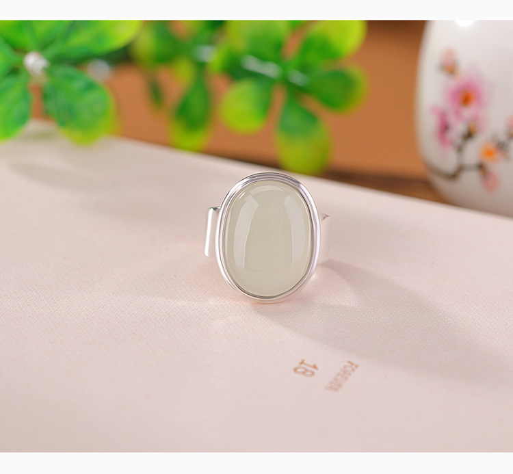 Nhẫn bạc S925 đính ngọc bích trắng Hòa Điền mặt trứng đơn giản phong cách sang trọng — Mở một size chi tiết 4