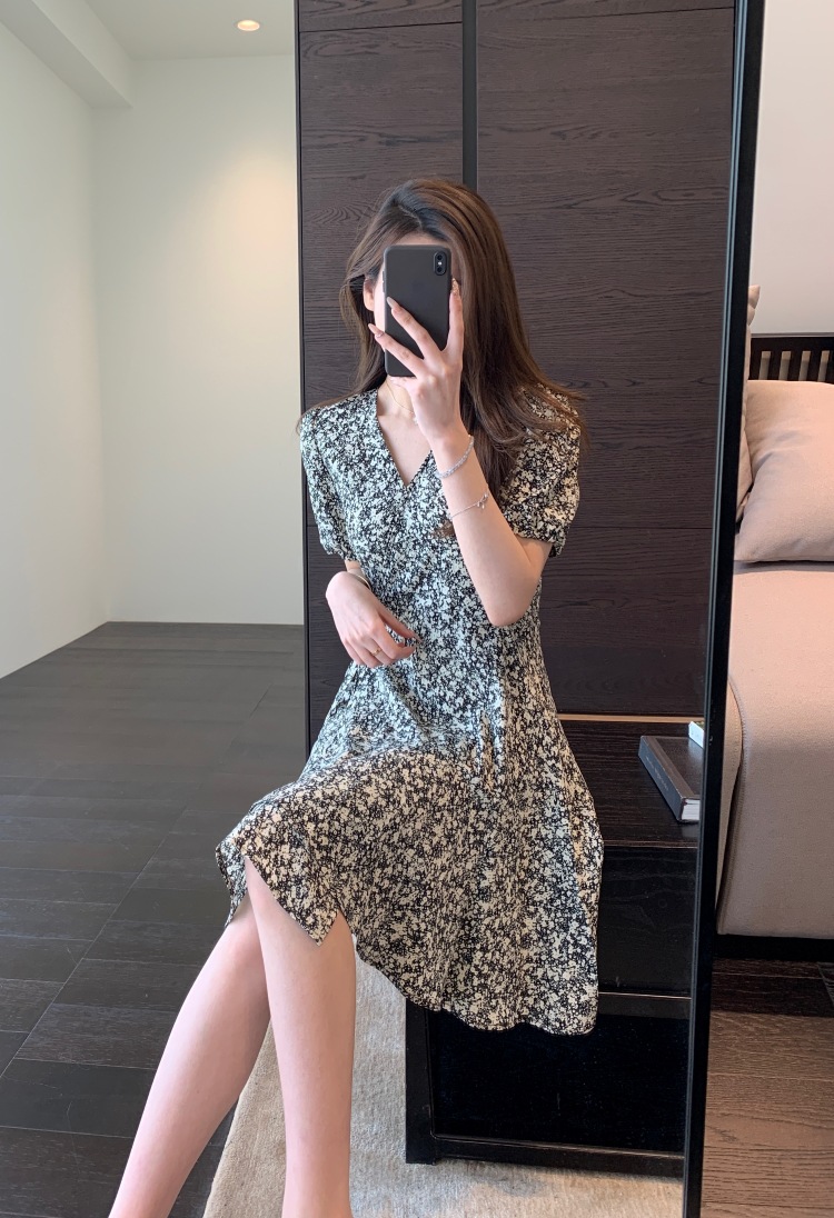 Women's French Retro Chiffon Floral Dress Image 7