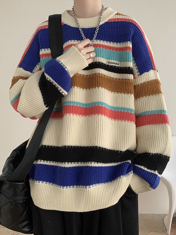 Prendas de punto retro americanas huecas a rayas de colores otoño e invierno nuevo estilo estilo de Hong Kong solapa suéter casual suelto estilo de moda