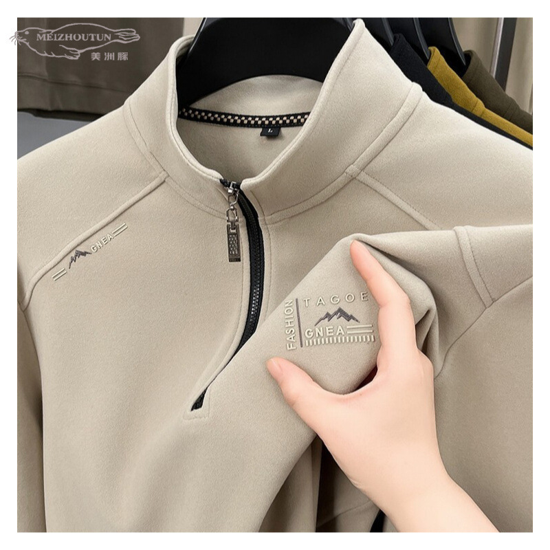 Double-Sided Velvet Men's Sweatshirt Autumn and Winter Half-Zip Pullover Casual Stand-Up Collar Long-Sleeved Top for Men