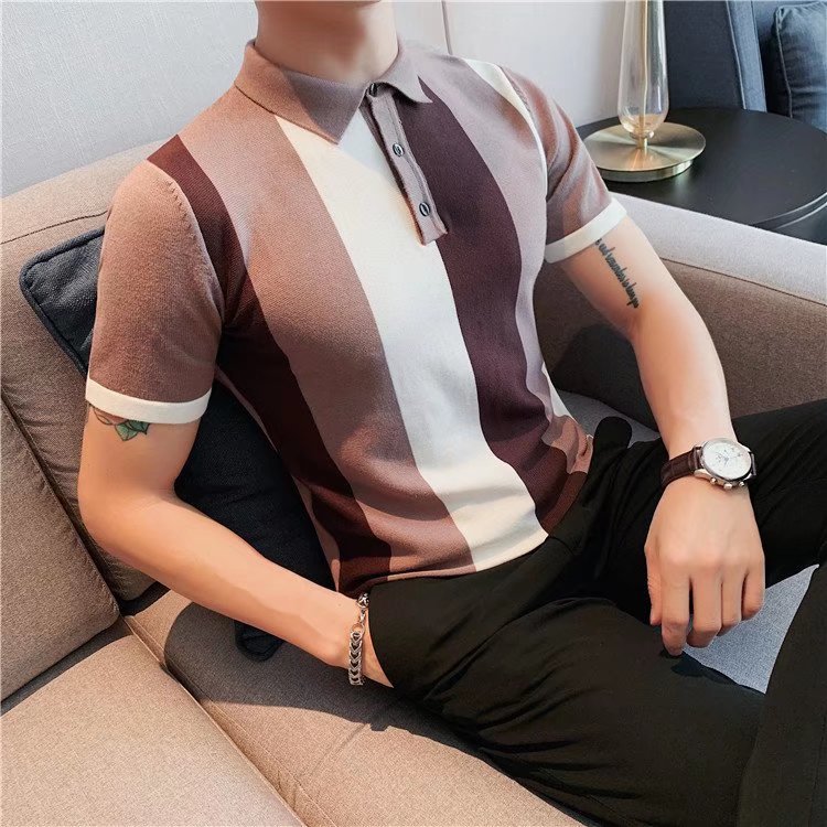 Mature Style Men's Short-Sleeved Lapel Polo Shirt Summer Korean Style Slim-Fit Color-Blocked Knitted T-Shirt British Trendyy Half-Sleeved Shirt