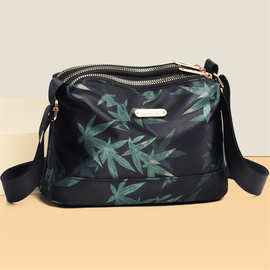 新款三层单肩斜挎包时尚多层国风竹叶通勤女士斜挎包休闲印花女包