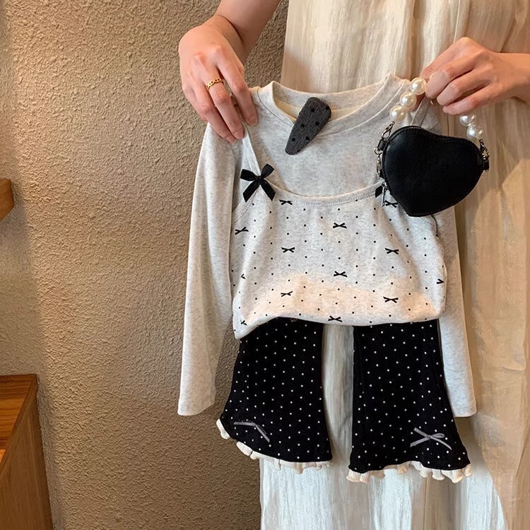 Girls' Spring and Autumn New Tops, Stylish Baby Bowknot Korean Style Long-Sleeve Base Shirt, Baby Fake Two-Piece Clothing