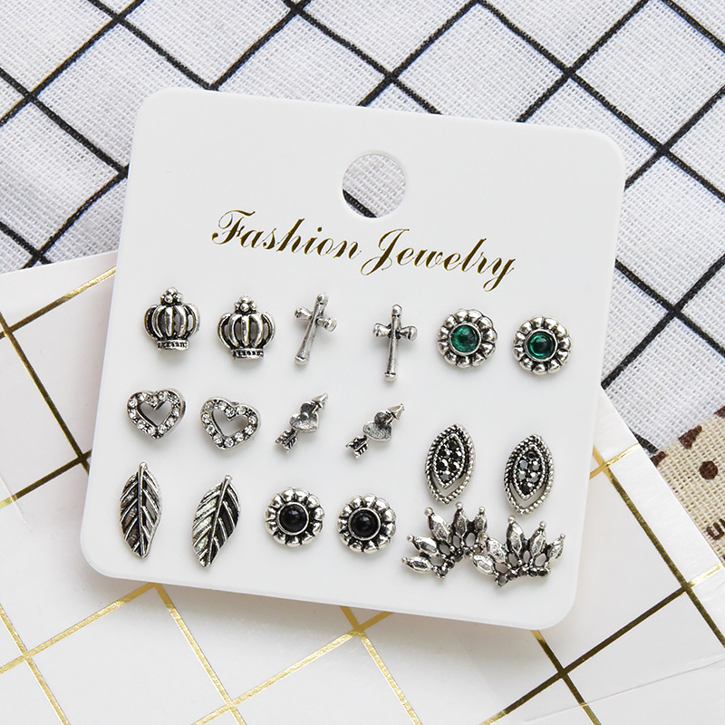 Retro Carved Leaf Geometric Hollow Earrings 9 Pairs Sets Wholesale display picture 1