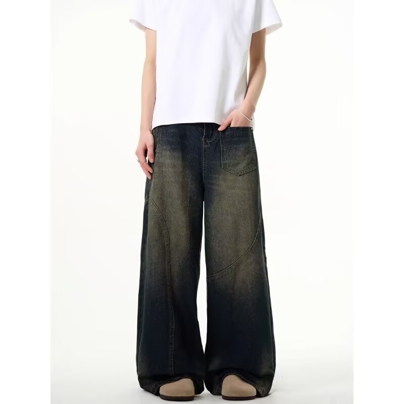 Men's Clothing retro distressed straight jeans for men spring and autumn new high waist loose slim drape high street wide leg pants_ipsvogv.com