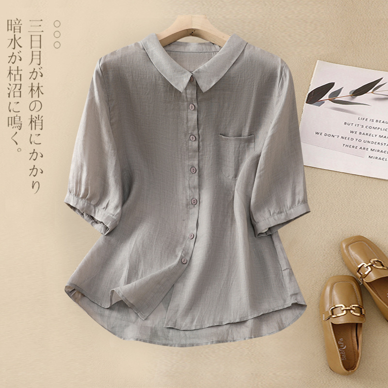 中年女性・お母さん向けの大きいサイズの夏服、カジュアルな綿麻スーツ、おしゃれな高級アシル麻シャツ、お腹カバー2点セット|undefined