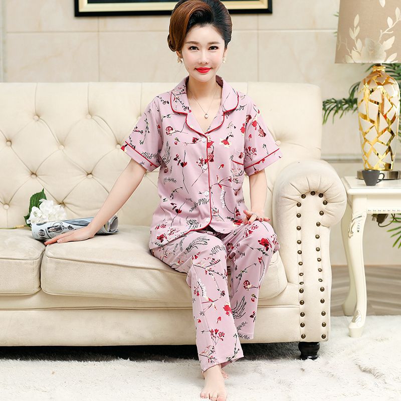Pijama mujer de mediana edad y anciana suegra 100% algodón manga corta primavera y verano traje Delgado cardigan suelto más tamaño