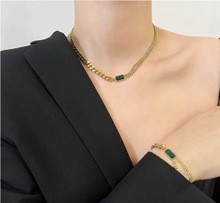 欧美钛钢iins项链方形绿色锆石拼接双层颈链网红高抛光不锈钢项链