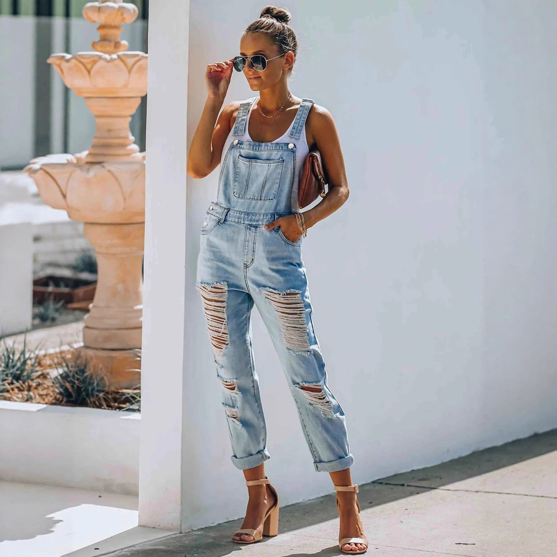 Cross-border European and American Jeans Women's in stock light blue Ripped Suspenders TEMU Amazon SHEIN Foreign Trade Overseas Warehouse