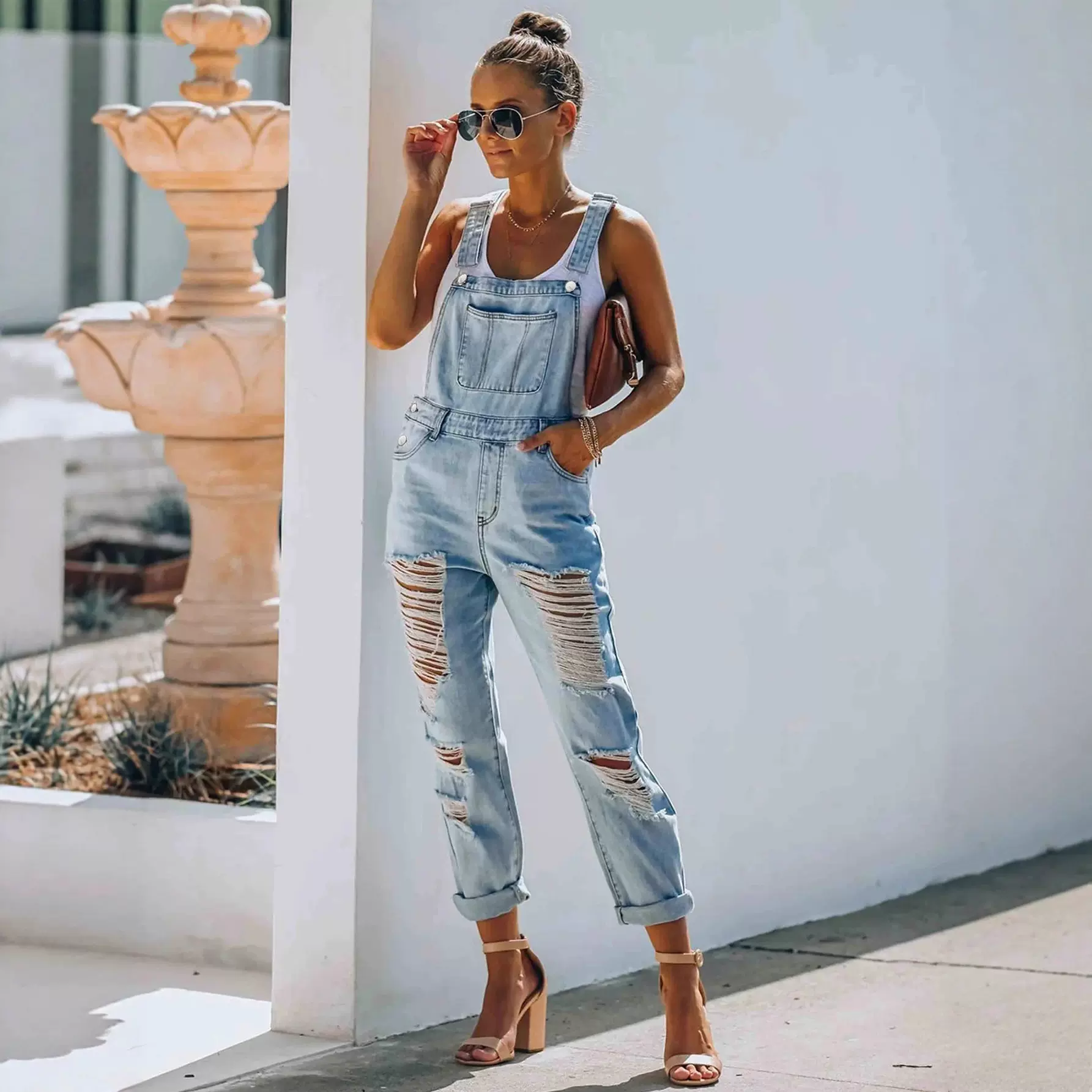 跨境欧美牛仔裤女现货浅蓝破洞背带裤TEMU亚马逊SHEIN外贸海外仓