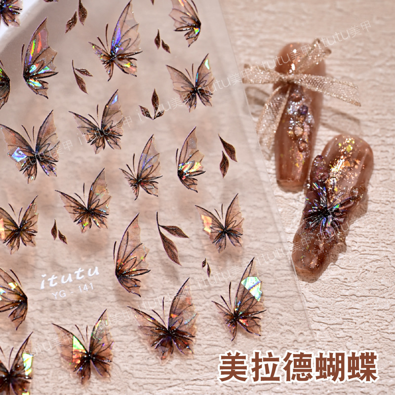 Nuevo otoño y invierno melard mariposa concha luz pegatinas de uñas retro otoño marrón mariposa hoja muerta pegatinas de uñas semipermeables