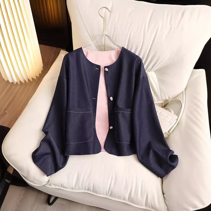 In Stock, Reversible Denim Satin Jacquard Button-Up Chinese Style Jacket for Women, Spring Loose Short Cardigan Jacket, Trendy