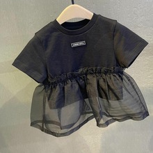 女童夏装短袖T恤宝宝网红洋气儿童个性潮韩版网纱拼接假两件上衣