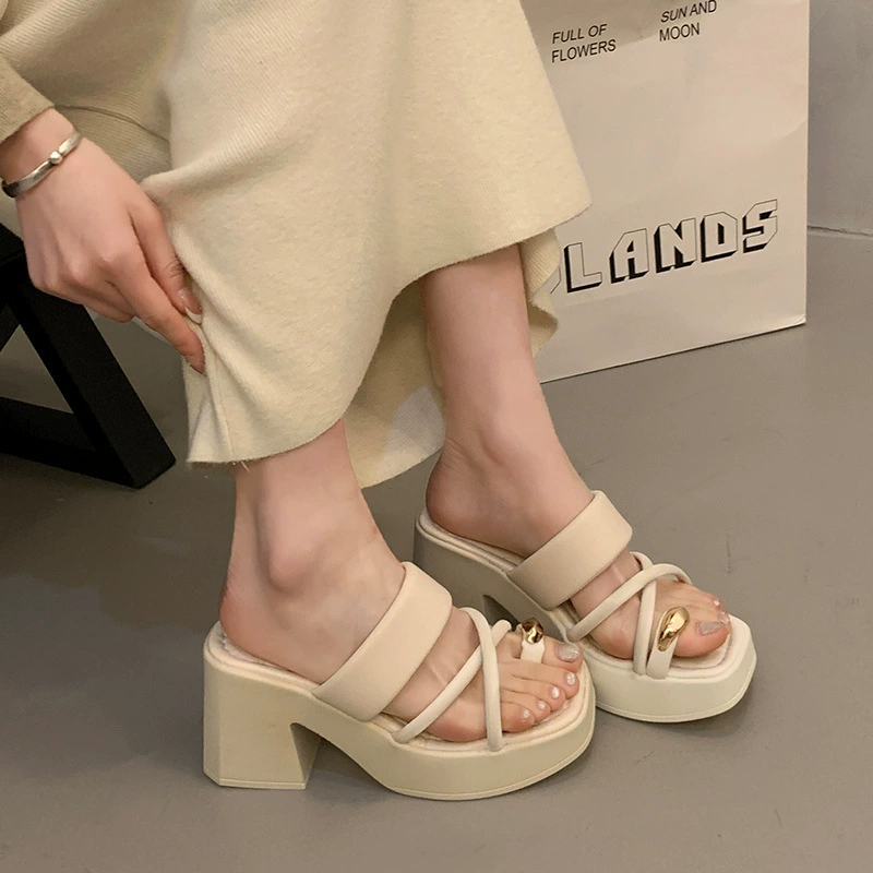 35-42 размера женская обувь большого размера толстая подошва толстая каблука водонепроницаемая наконечная тапка женские летние туфли на высоком каблуке 2024 холодные тапочки