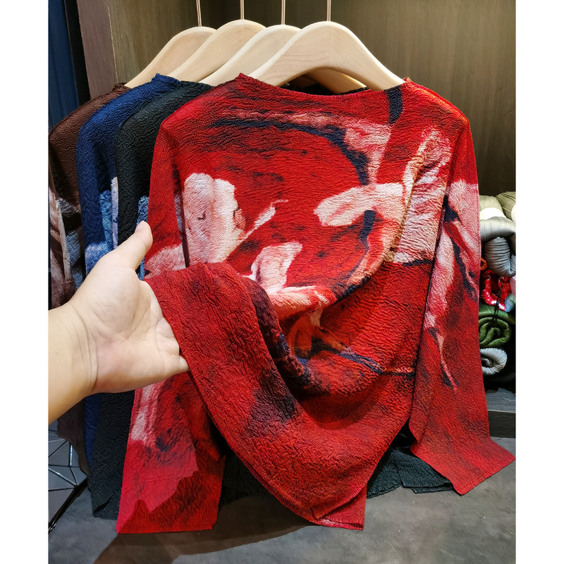 No Pinhole Floral Print Pleated T-Shirt New Bat Sleeve Round Neck Long Sleeve Loose Bottoming Shirt Top for Women