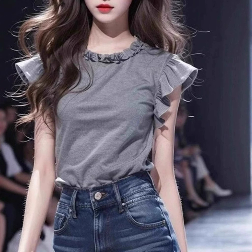 французский стиль, уникальный и красивый элегантный, круглый вырез, маленькие летящие рукава, футболка, топы с короткими рукавами, женский летний новый дизайн