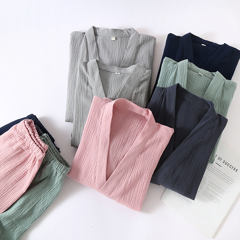 春夏薄款绉布双层纱布日式和服睡衣女和风开衫家居服男大码加肥