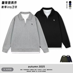 秋季高品质拼接假两件图案刺绣翻领卫衣设计感潮流百搭翻领卫衣