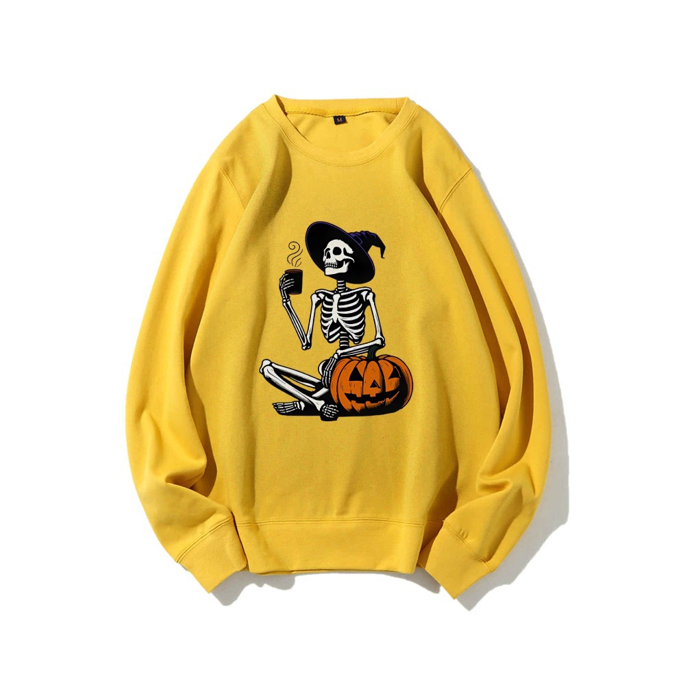 Skeleton Pumpkin Halloween Long Sleeve Top Retro Fall Coffee