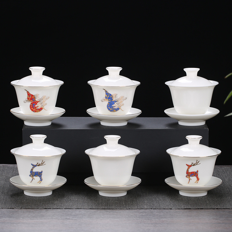 Dehua ceramics Suet jade Porcelain 3.8 Cover bowl Outline in gold Kungfu Online tea set Make tea Three talents Cover bowl Can be set logo