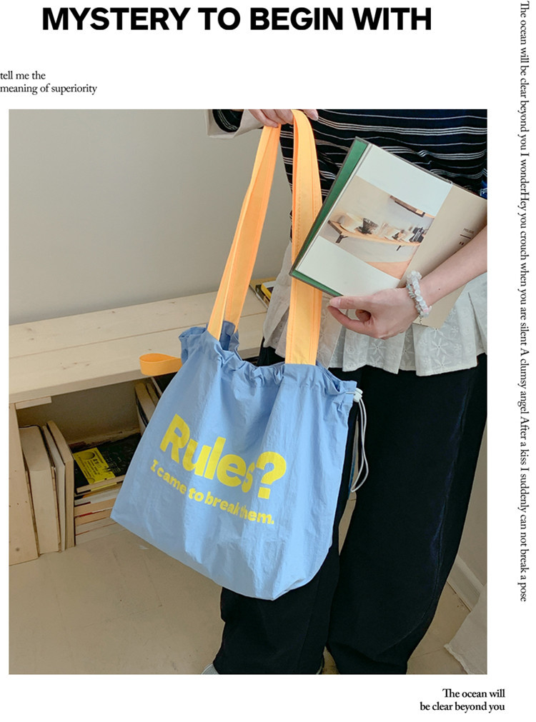 Fashionable and simple letter print large-capacity tote bag 2025 new style contrasting color versatile drawstring pleated single-shoulder bag full figure