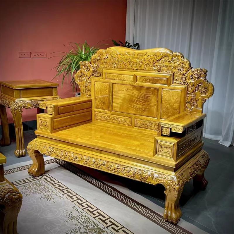 Golden Nanmu Sofa Small Leaf Nanmu Mahogany Sofa Classical Villa Hotel Club Solid Wood Living Room Sofa New Style