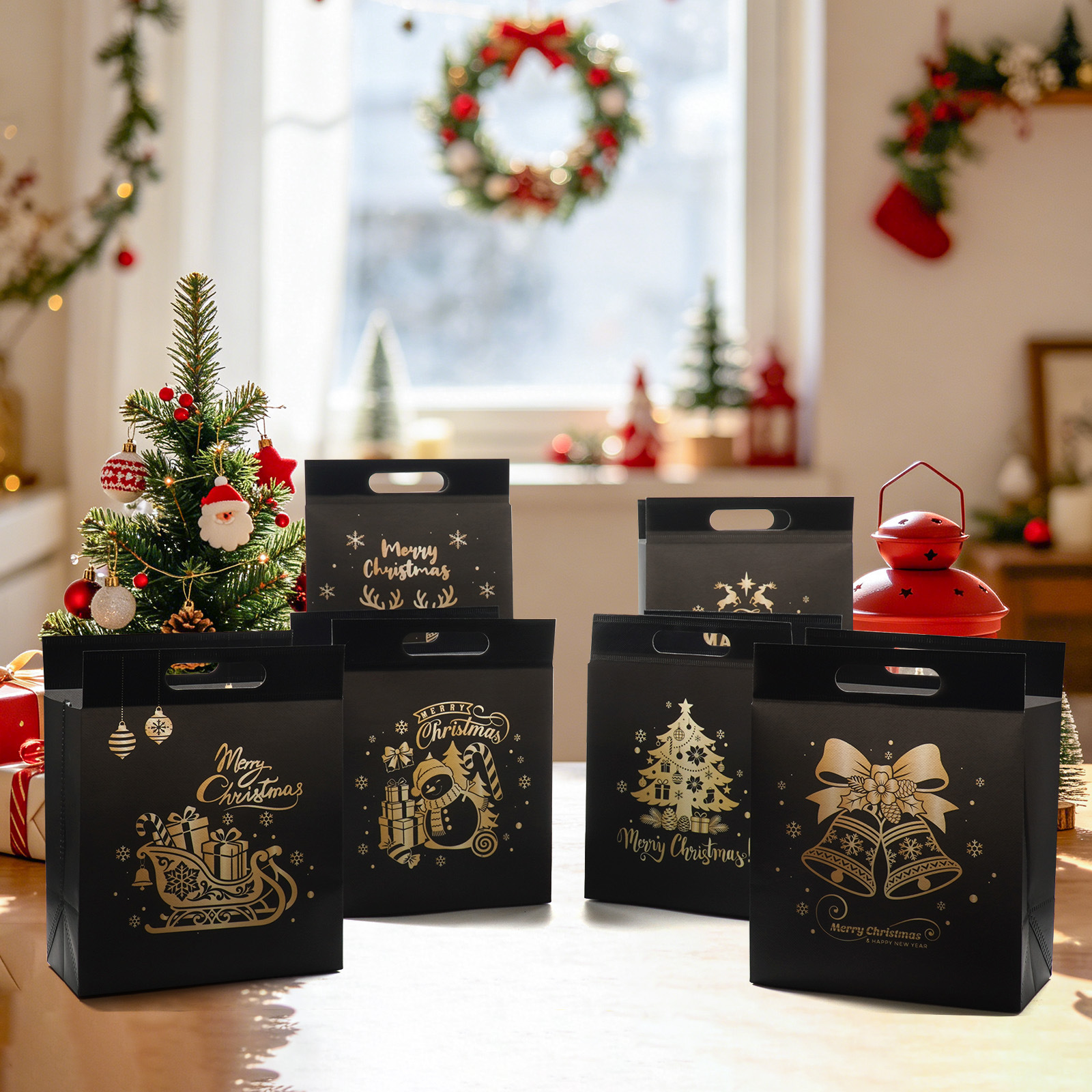 Bolsas de Navidad negras personalizadas bolsas de regalo de acompañantes de negocios embalaje de fiesta bolsas de tela al por mayor