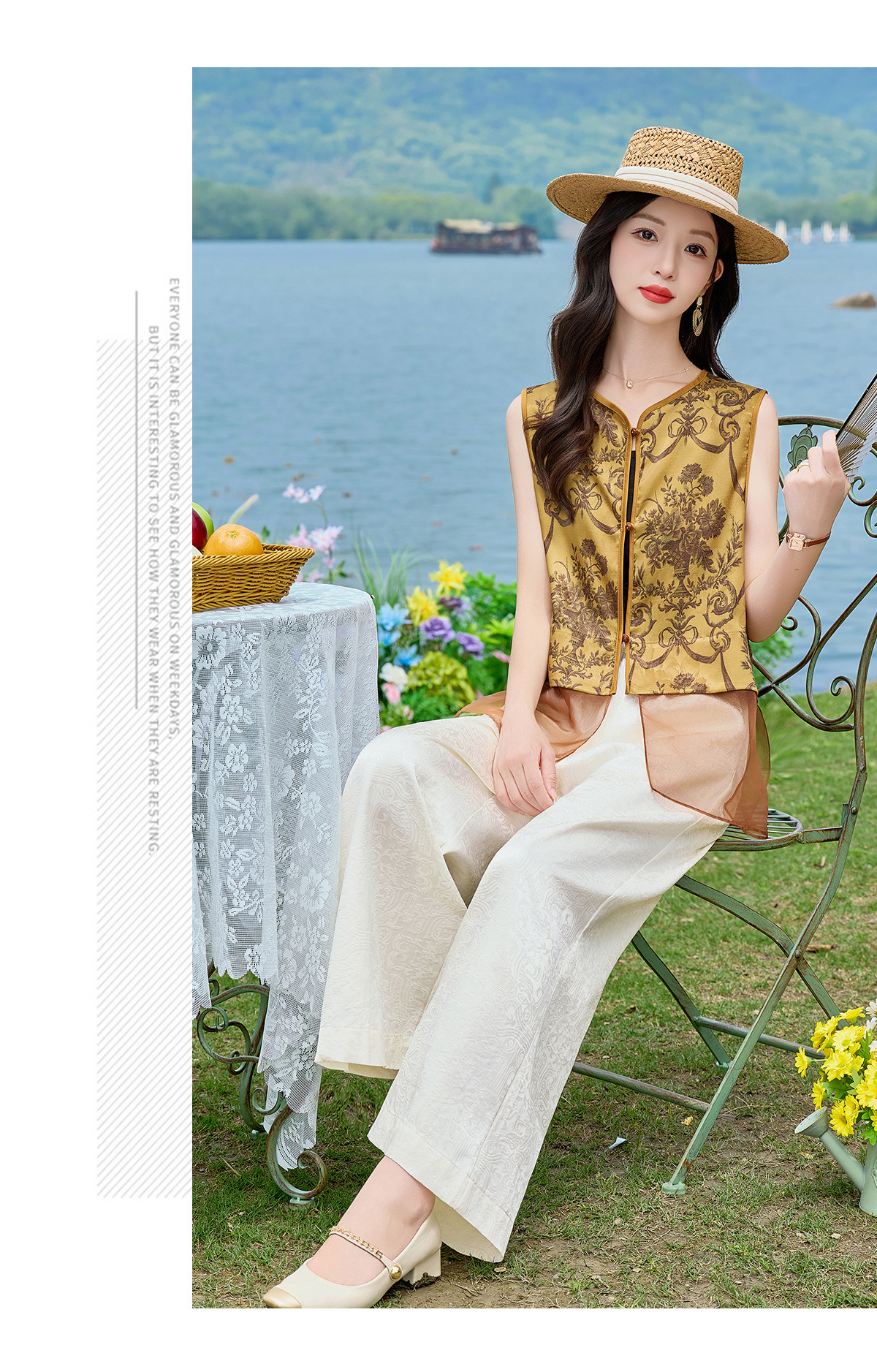 Bộ áo vest gile in họa tiết và quần ống suông phối đồ vintage nữ — Bầu hồ lô, Màu vàng chảy chi tiết 20